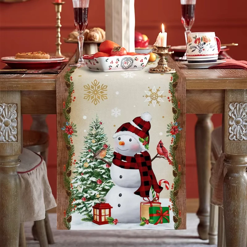 1 Christmas Snowman Table Runner Golden Snowflake Festive Holiday Table Decor Durable Home Dining Room Party for Winter Ambiance