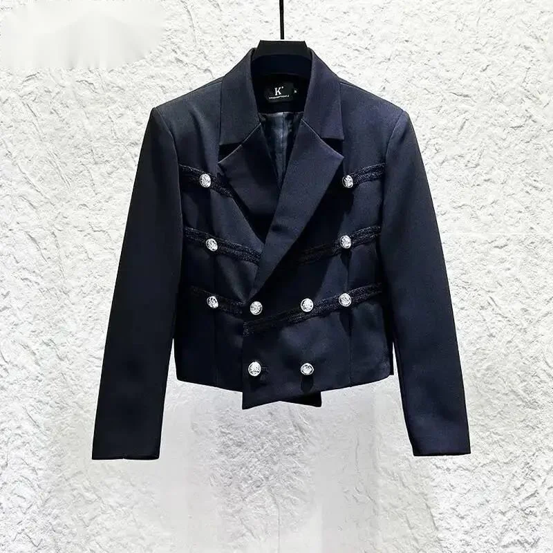 Personalized Metal Buckle Punk Style Double-breasted Men Short Suit Jacket Trendy Casual Blazer 2026 Autumn New CSE45