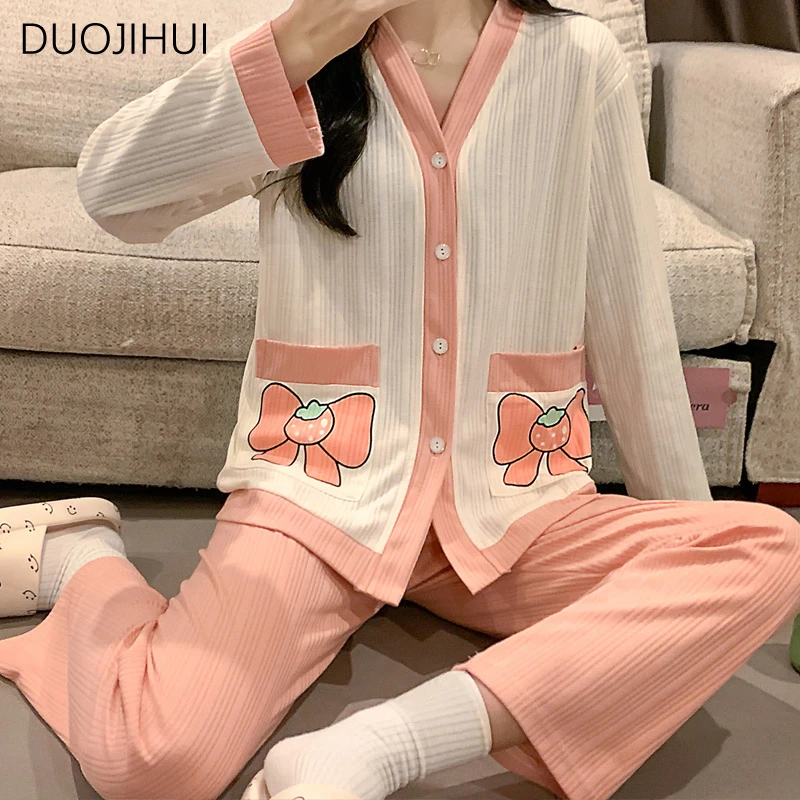 DUOJIHUI Autumn Two Piece Loose Casual Home Pajamas for Women V-neck Sweet Cardigan Basic Simple Pant Fashion Female Sleepwear
