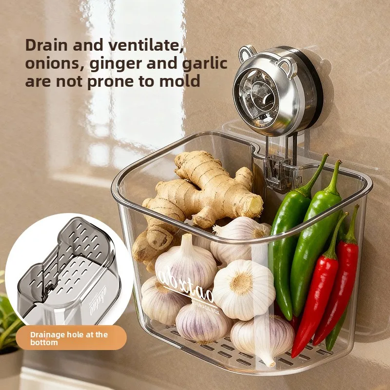 Suction Cup Wall Mounted Storage Basket, No Drill Garlic Onion Ginger Holder for Kitchen, Space Saving