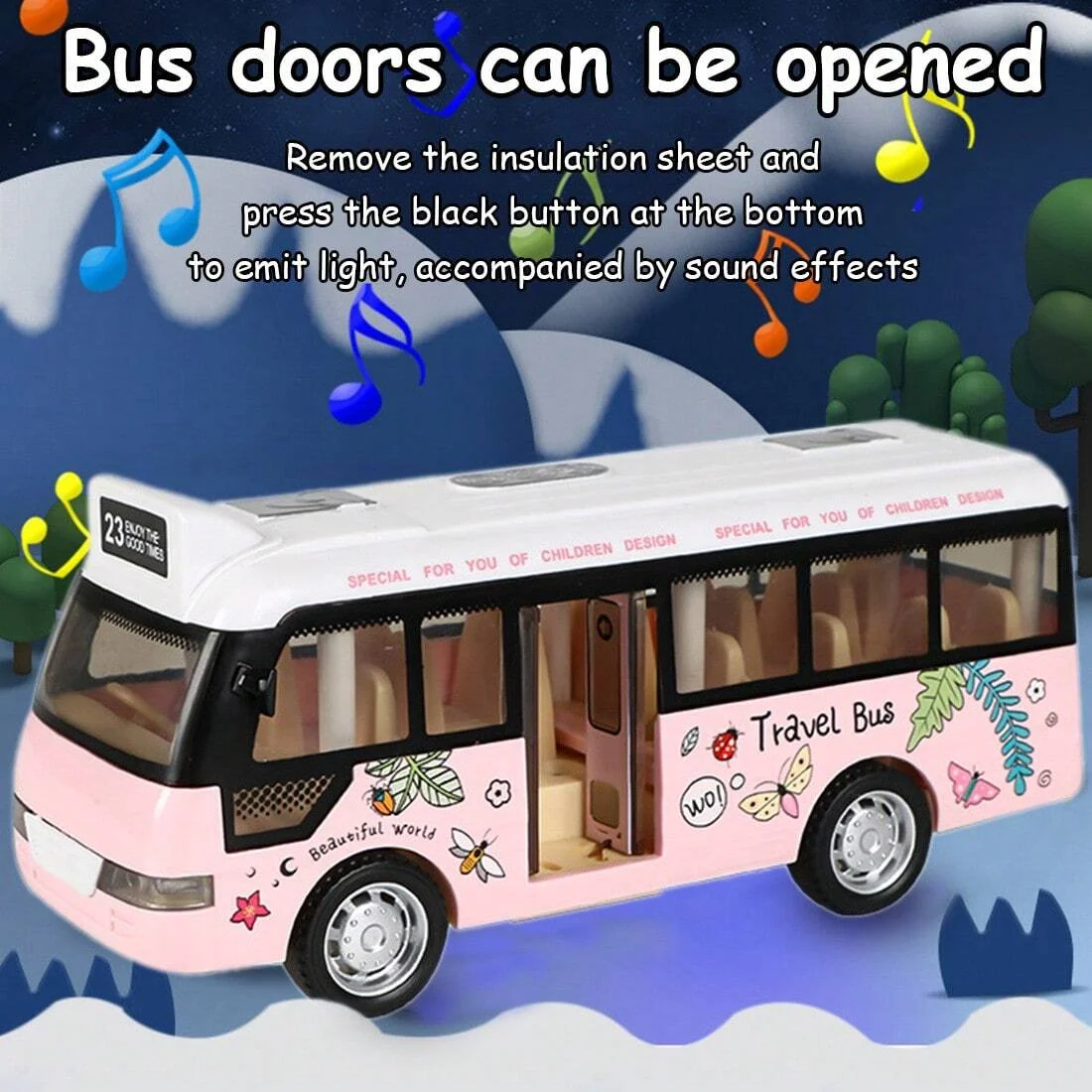 Interactieve stadsbus voor kinderen met licht en geluid, plastic terugtrekspeelvoertuig, perfect voor speeltijd voor kinderen