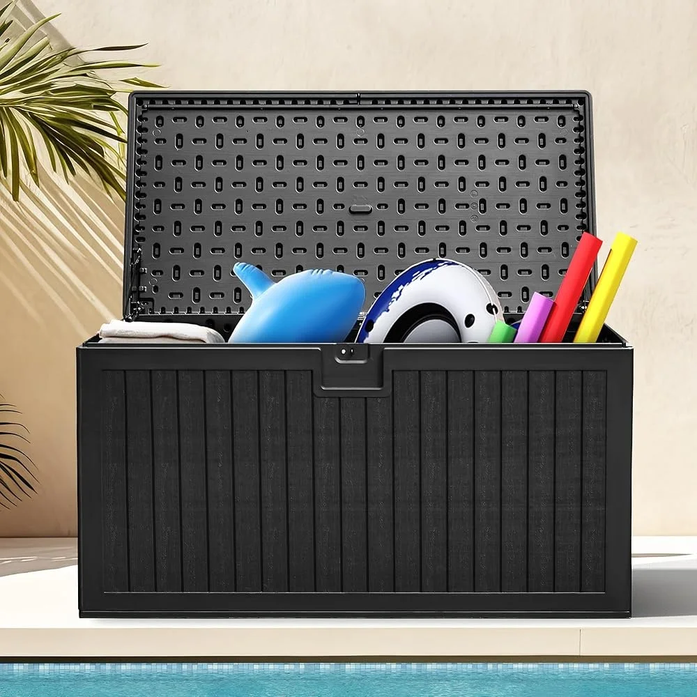 230 Gallon Outdoor Storage Box Double Wall Waterproof Deck Box Divider Table Bench Seating 1000 lbs Weight Capacity