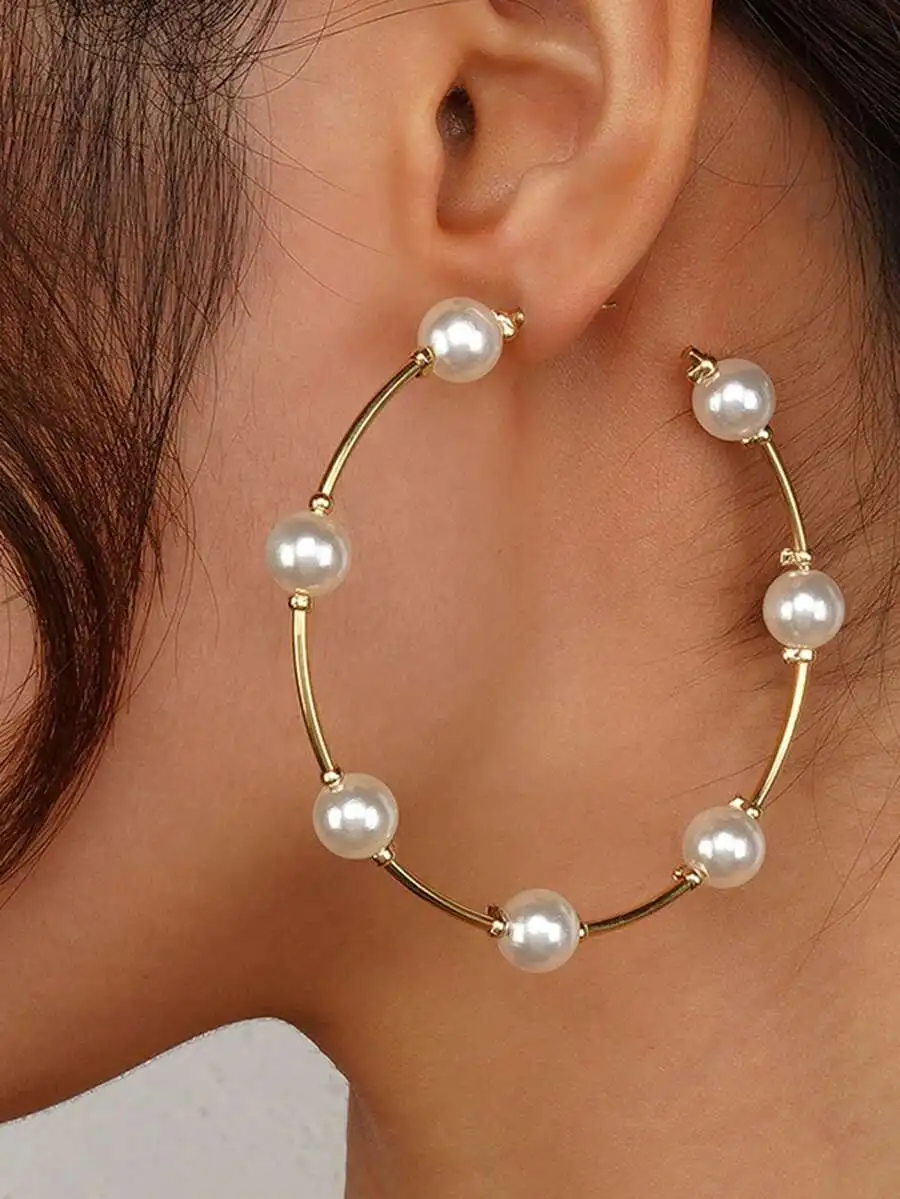 1 par de pendientes de aro con perlas de imitación vintage creativas de gran tamaño, pendientes circulares de gran tamaño para mujer
