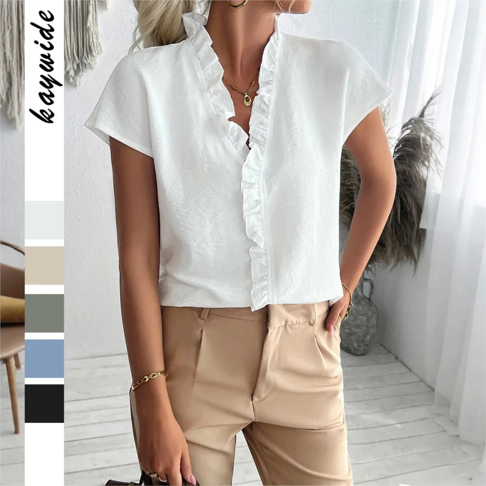 

Women's Casual And Simple Black Fungus Edge Short Sleeved Women's Shirt, Women's 2025 Spring And Summer New Item, Solid Color