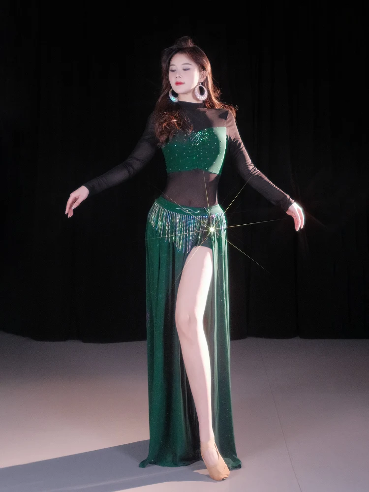 春の新作オリエンタルダンスベリーダンスセクシーメッシュフリンジパフォーマンスコスチュームセットオリジナルデザイン