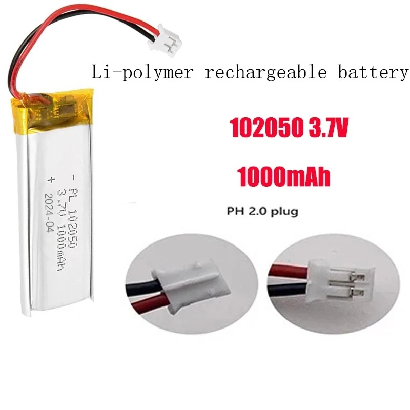 102050 3.7v polimer litowy 1000mAh mały akumulator Li-Po do stalowego głośnika Bluetooth narzędzie do ładowania baterii MP3/4/5