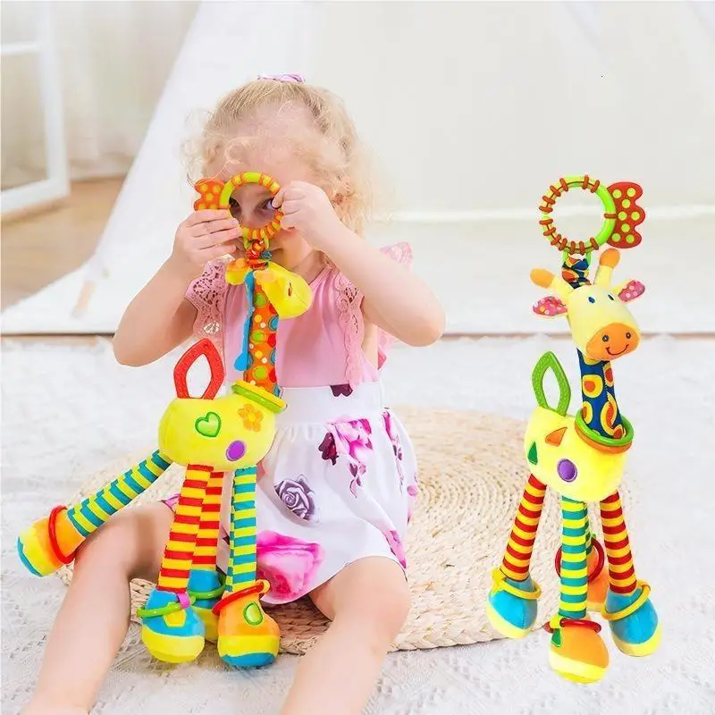 Soft Giraffe Zebra Animal Handbells Rattles Plush Baby Toy With Teether For Newborn Infant Development Handle Toys Gift