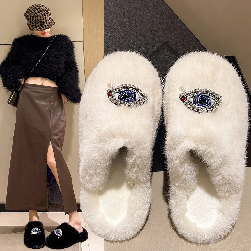 New Home Women's Slippers Winter Warm Houseshoes Evil Eye Style Fuzzy Comfy Heart Flat Sole Funny Flip Flops Women Shoes