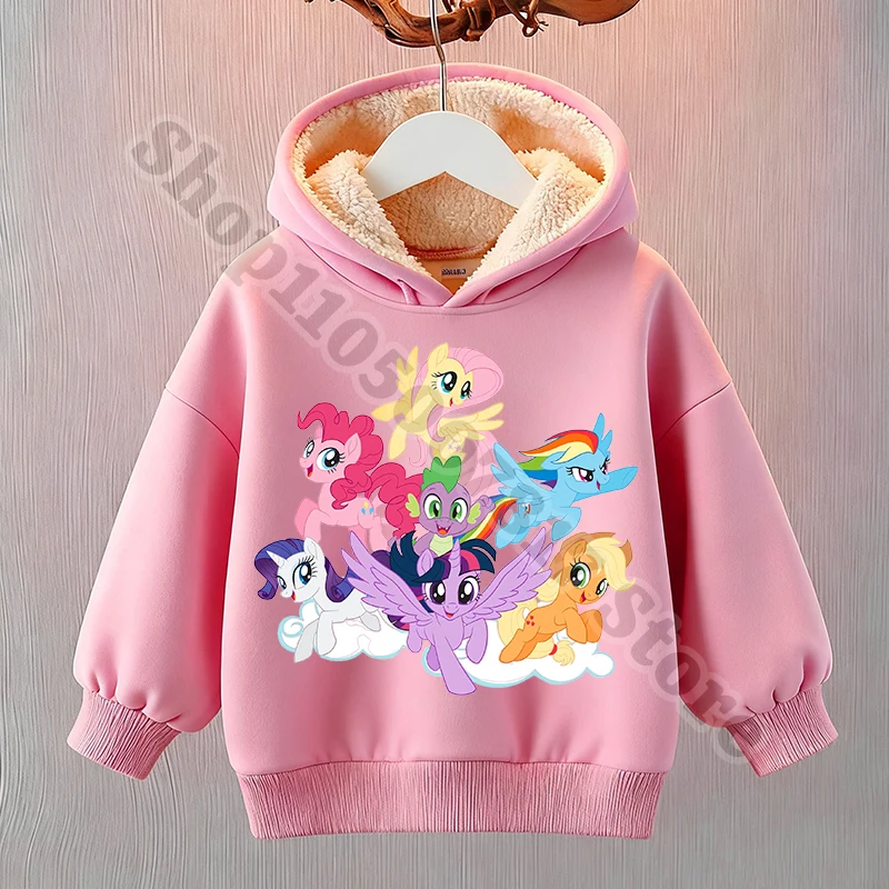 Felpe con cappuccio carine per bambini Cartoon My Little Ponys Ragazza Felpa con cappuccio in pile Top a maniche lunghe Felpa con cappuccio moda casual per bambini Regalo di Natale