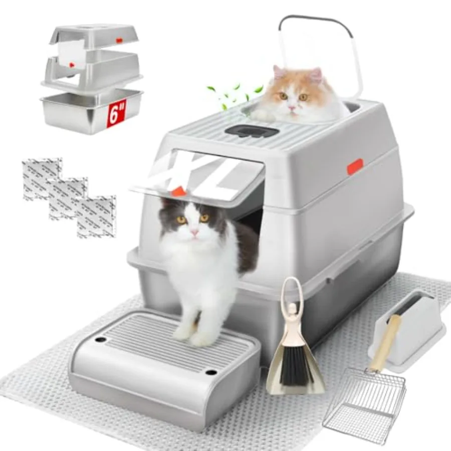 XL Stainless Steel Litter Box with Lid, Fully Enclosed 6 Deep Metal Cat Litter Box, Leak-Proof, Clumping Litter for Large, Mult