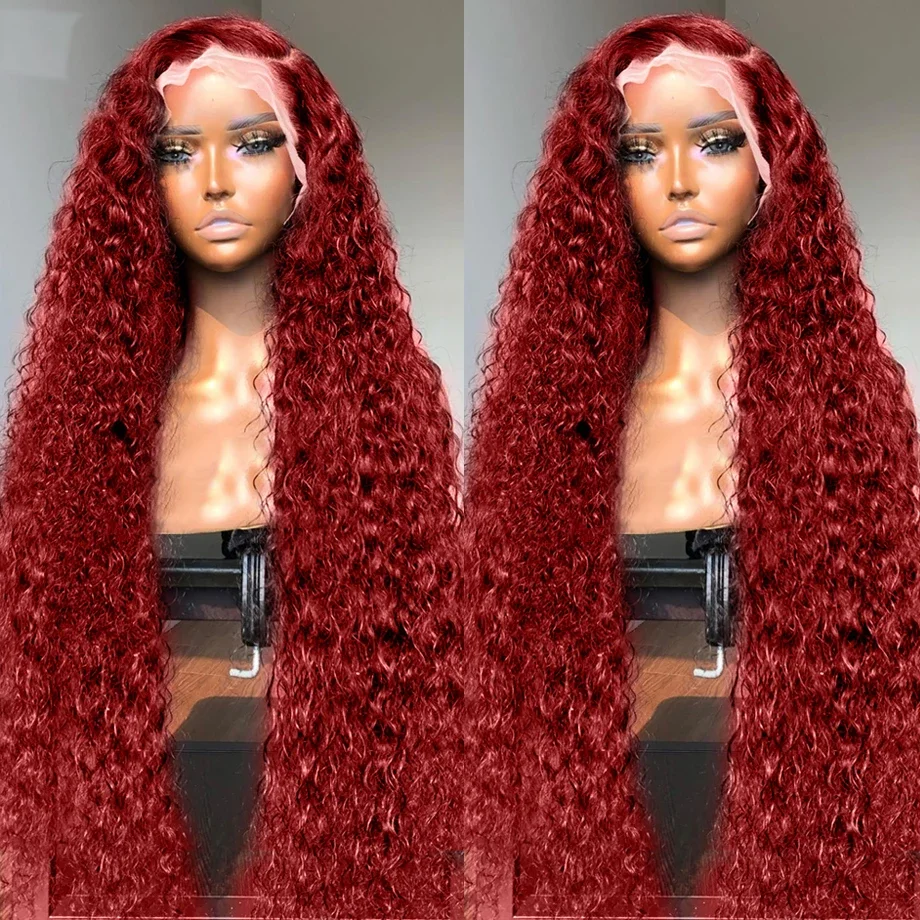 Burgundy HD Lace Front Wig para Women, Deep Wave, Curly Red Colored, Human Hair Wigs, 13x4, 99J