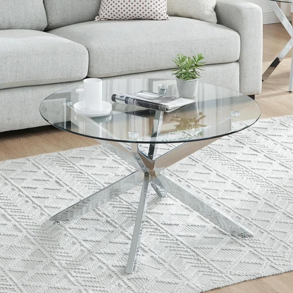

Round Glass Coffee Tables for Living Room, Office, Center Table with Clear Tempered Glass Top, Sofa table with four metal legs