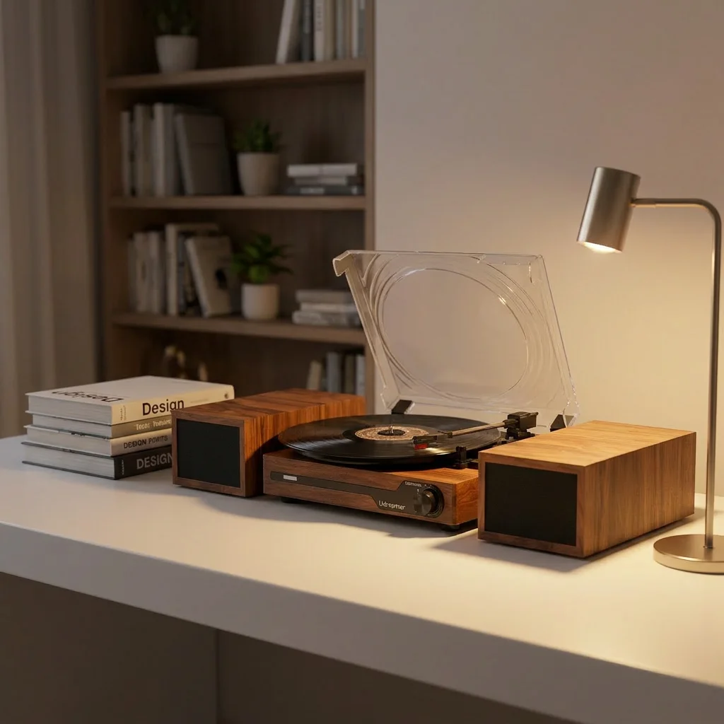 UDREAMER Luxury Retro Mid-Century Modern Vinyl Record Player with Independent Speakers 3-Speed Wireless for RCA Connection