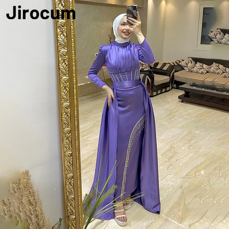 Jirocum Mermaid Long Sleeve Muslim Prom Gown Women\'s Round Neck Tassel Evening Gowns Elegant Removable Special Occasion Dresses