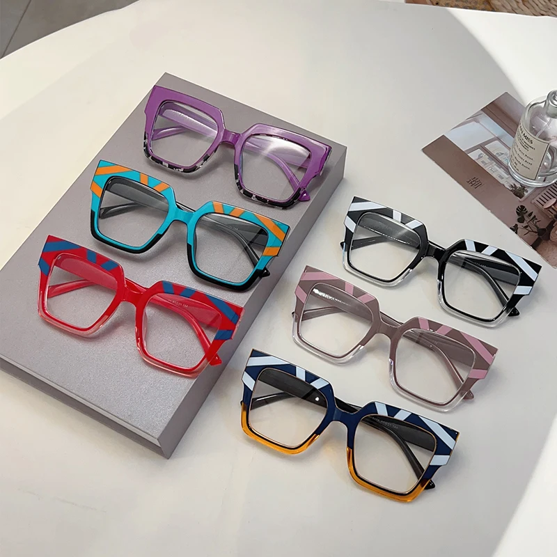 KAMMPT Oversized Square Glasses Women Fashion Vintage Patchwork Blue Light Blocking Eyeglasses Stylish Non-prescription Eyewear