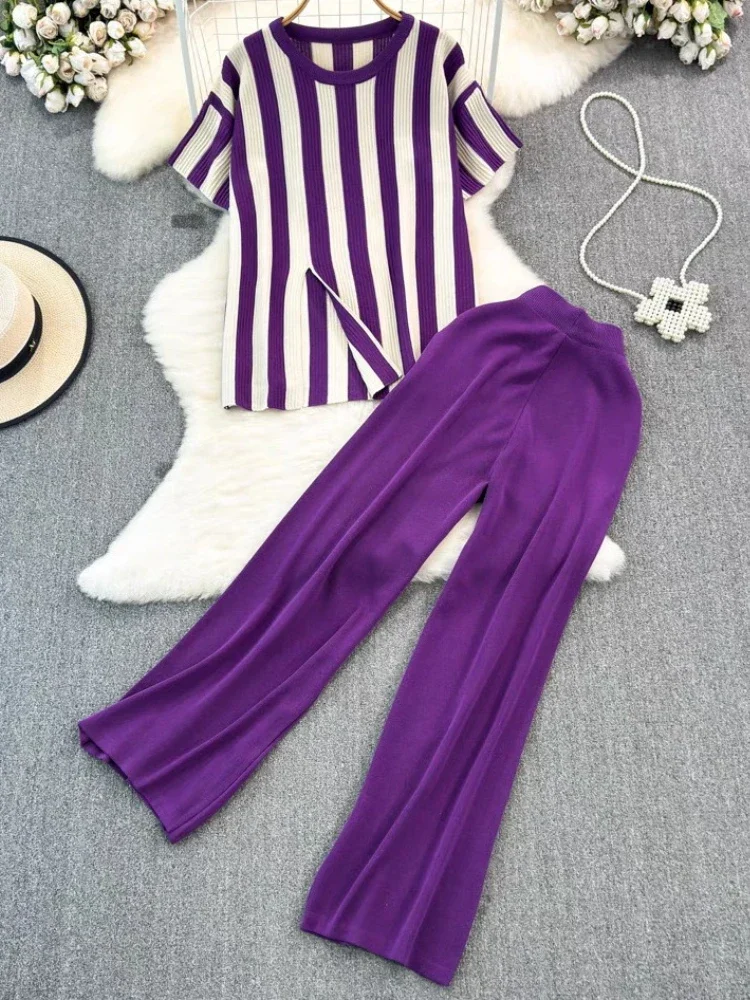 Long Pants Women Suit Short Sleeved Top Striped Casual Top Fashion Korean High Waisted Wide Leg Pants Female Clothing Summer