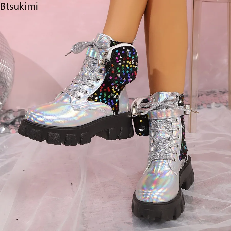 Women Sequin Thick Heel Platform Combat Boots Women Autumn Platform Lace Up Ankle Botas Punk Style Motorcycle Boots Plus Size 43