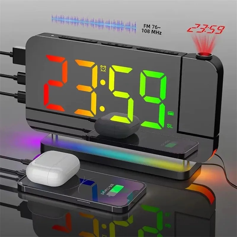 Radio FM 180 °   Réveil à Projection RGB avec veilleuse RGB, 6 niveaux de luminosité, double Port de sortie USB, horloge numérique LED 12H/24H