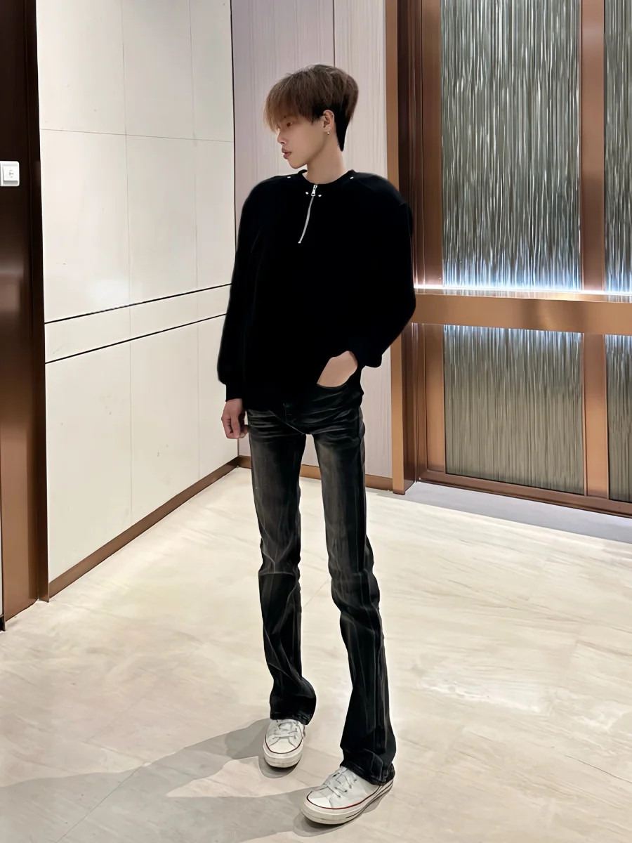 

Retro American Washed Black Grey Men's Slim Straight Leg Jeans Fashionable Casual Straight Cut Trousers for Men And Women