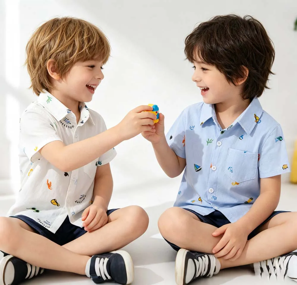 Kids Boys Summer Short Sleeve Button‑Down Shirt Nautical Ocean Print Cotton Collared Tops Casual Beach Wear Children Clothes