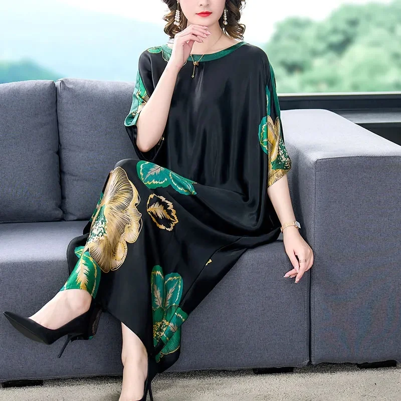 5XL Light Luxury Dress Summer Loose Size Hidden Meat Covering Belly True Quality Silk Smooth Silk Draping Breathable Long Dress