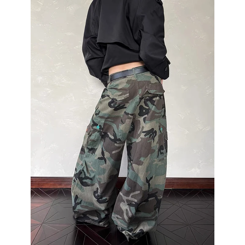 YIBASHU Women's Baggy Cargo Jean Y2k High Street Grunge Punk Camouflage 2000s Streetwear American Retro Wide Fit Denim Pants