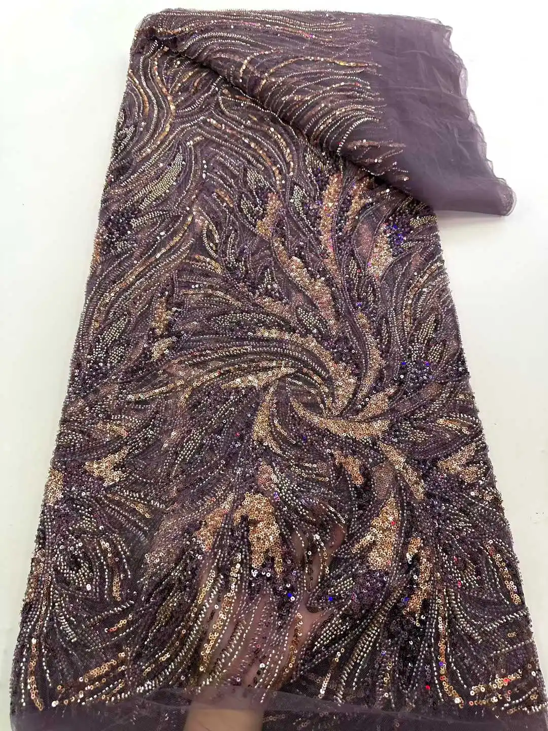 

Кружевная ткань SJ Lace African Beaded Lace Fabric 2026: высококачественная сетчатая вышивка, 5 ярдов, французские пайетки для женских вечерних нарядов