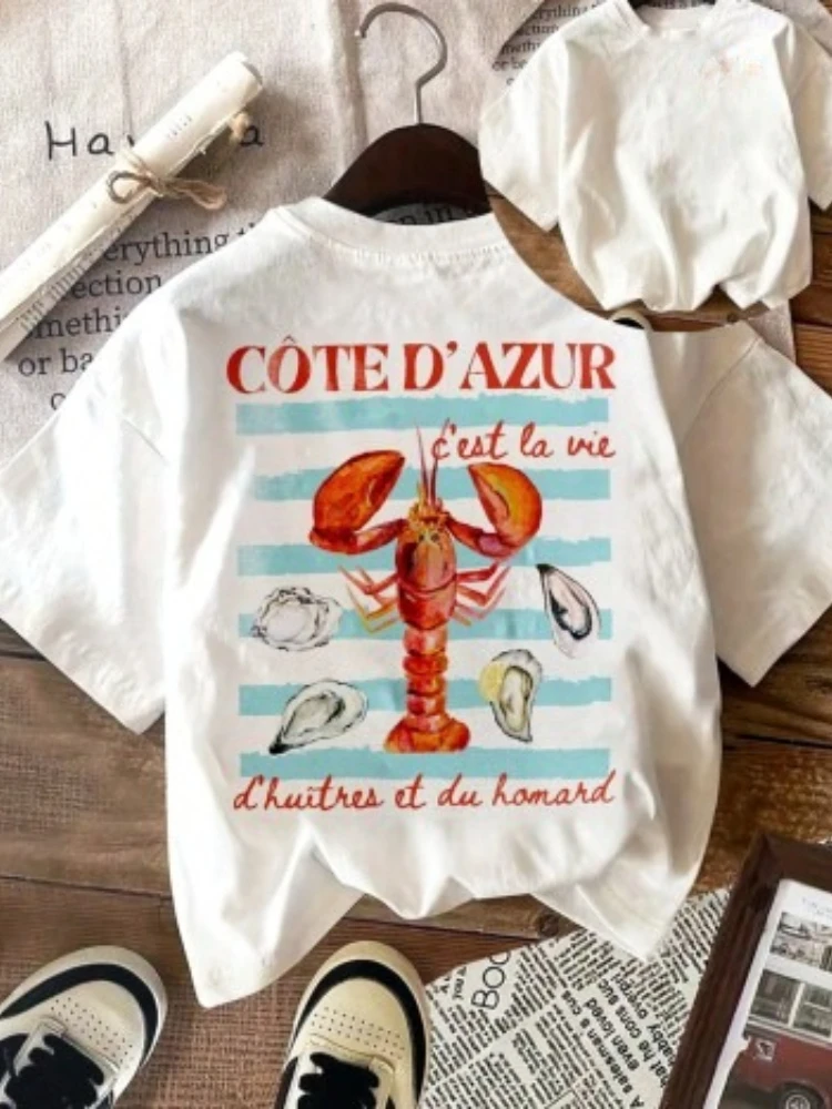 

Женская футболка больших размеров, винтажная французская рубашка Ривьера с лобстером и устрицей, милый топ с графическим рисунком D'Azur Proverb, прибрежная эстетика Y2K