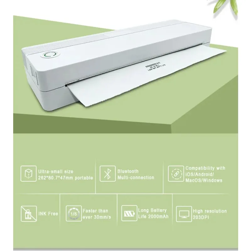 طابعة حرارية محمولة قابلة لإعادة الشحن، واجهة USB صغيرة باللونين الأبيض والأسود لطباعة مستندات الصور