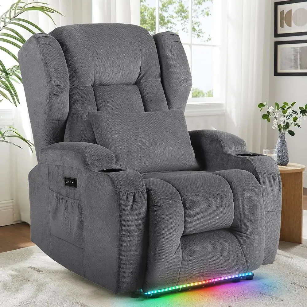 

Gray Linen Adult Home Theater Recliner with Vibration Massage, Heat, LED Lights, Cup Holders, and Side Pocket
