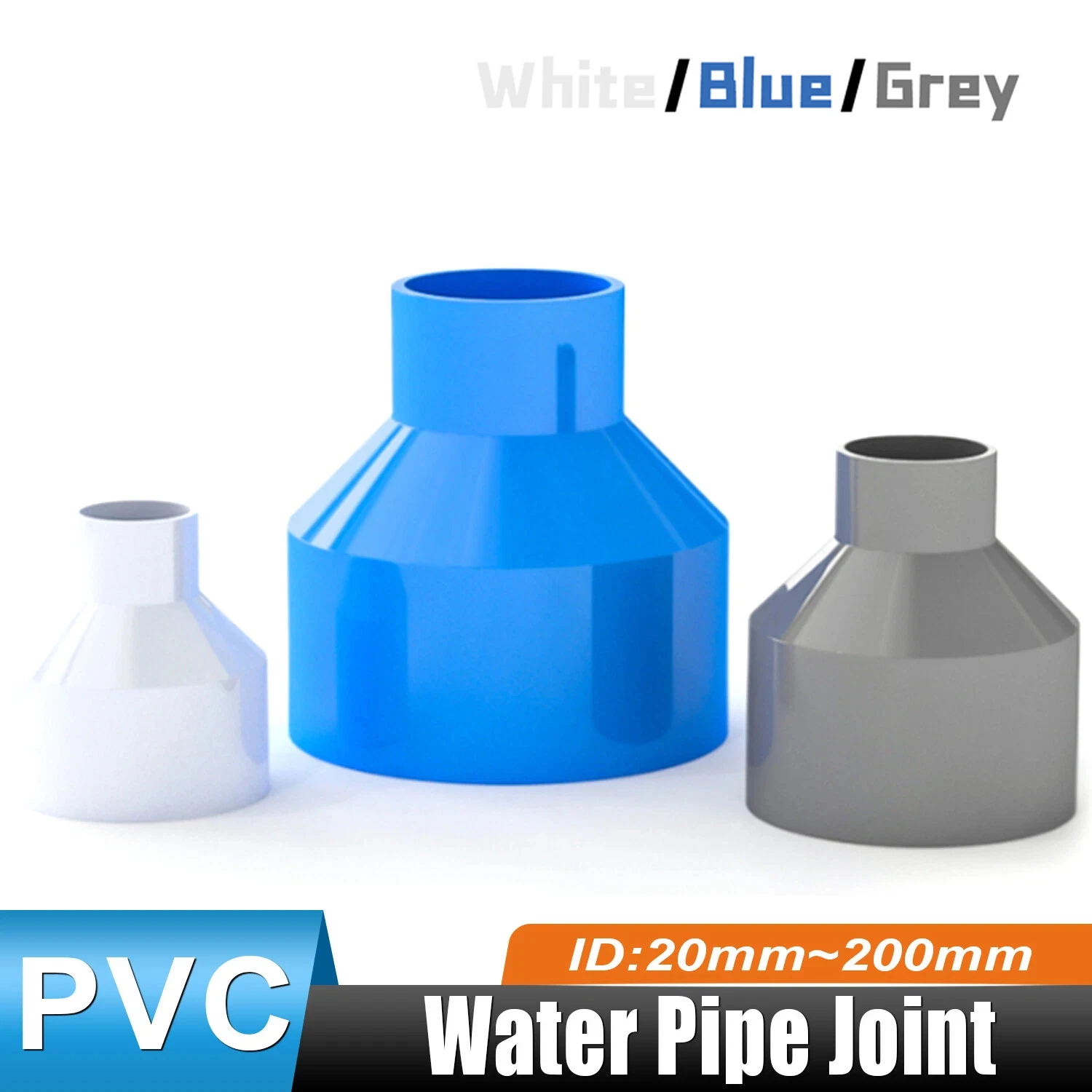 Raccord de tuyau réducteur concentrique en PVC, 1/2 pièces, connecteur de réducteur concentrique, couplage de prise 20mm à 200mm blanc/bleu/gris