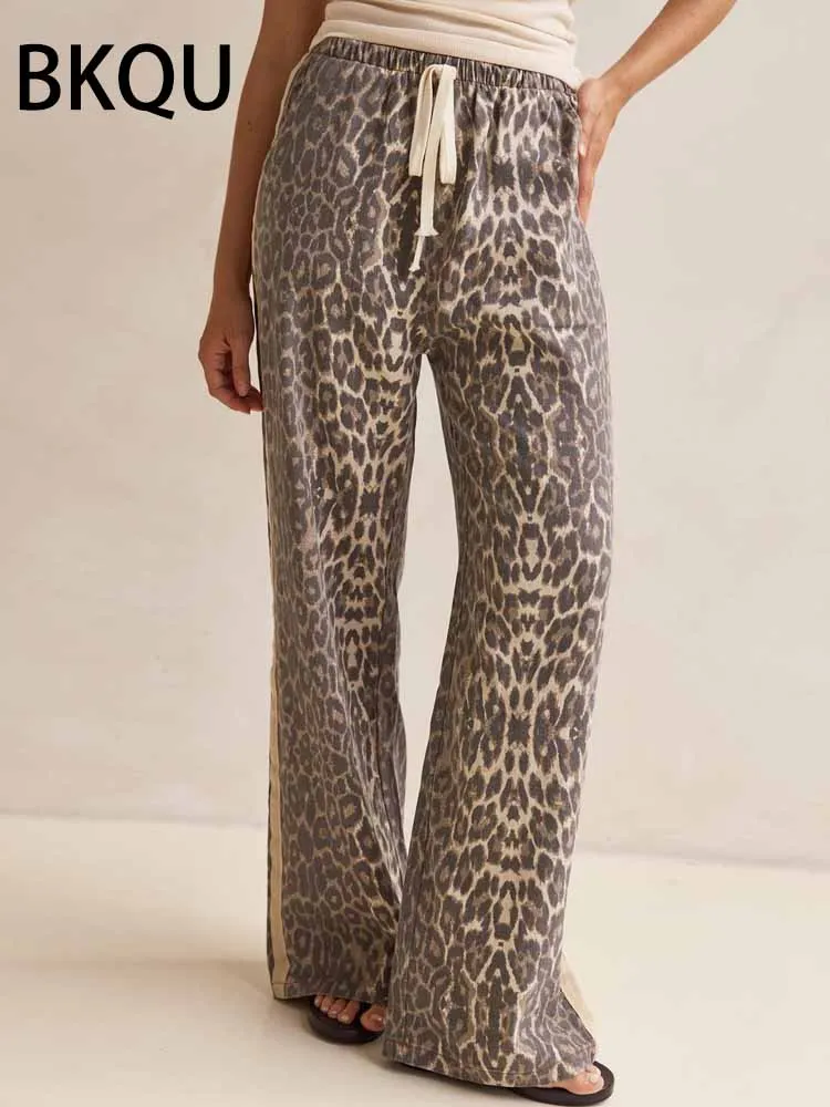 กางเกงยีนส์ลำลองลายเสือดาว BKQU สำหรับผู้หญิง เอวสูง Y2k ลายทางย้อนยุค แฟชั่นสตรีทแวร์ ทรงหลวม ขากว้าง ผ้าเดนิม ฤดูใบไม้ร่วง 2025