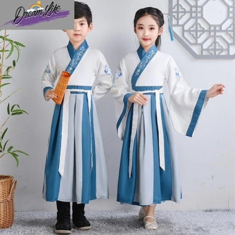 

Детская одежда для выступлений в стиле Ханьфу, национальные традиционные костюмы для занятий каллиграфией и церемоний, для учащихся начальной школы, в старинном стиле