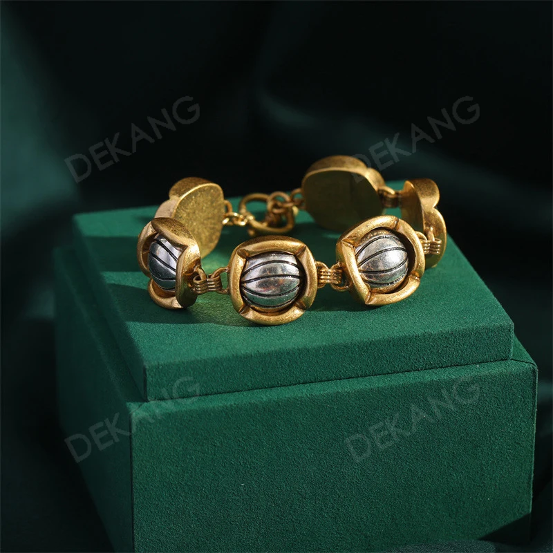 Simple Wavy Checkered Two-Color Gold And Copper Plated Bracelet