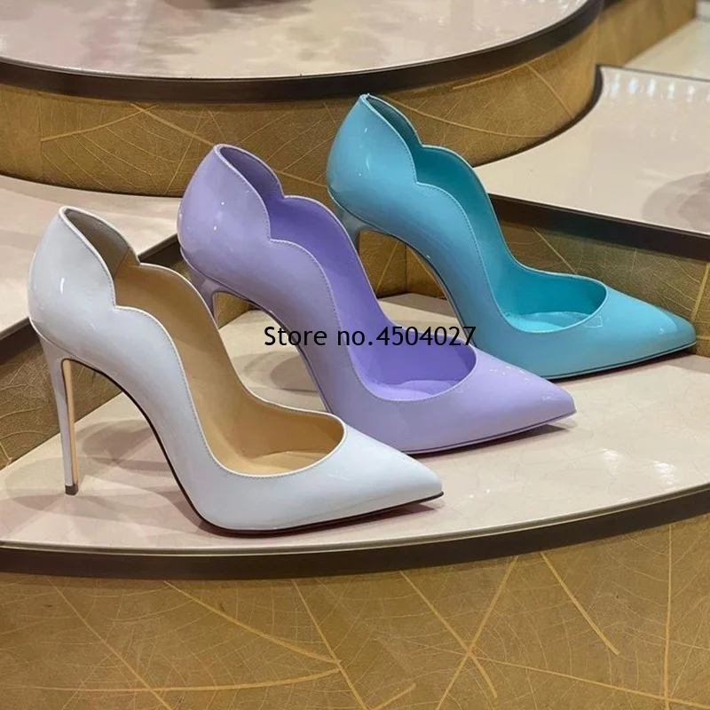 

Белые, фиолетовые, синие кожаные туфли без шнуровки на неглубоком каблуке, элегантные женские туфли, туфли-лодочки с острым носком, высокие каблуки 12 см, 10 см, 8 см