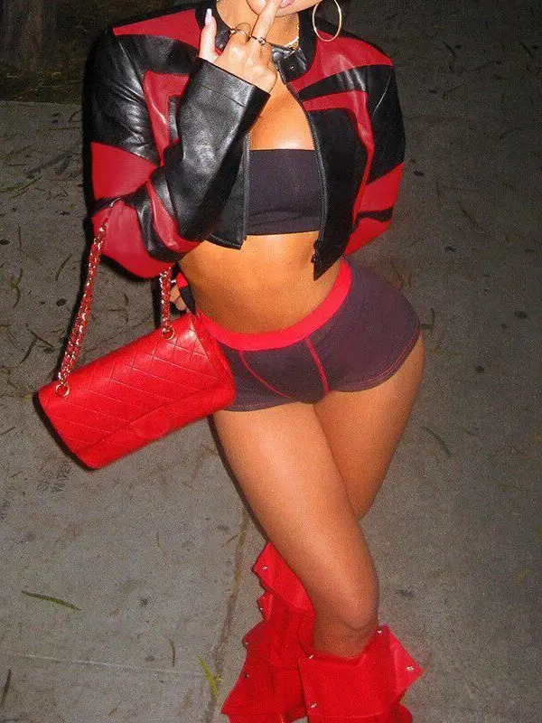 

Slim Fit Contrasting Color Short Leather Jacket Women's Fashionable Thin Long Sleeve Zipper Closure Casual Biker Jacket