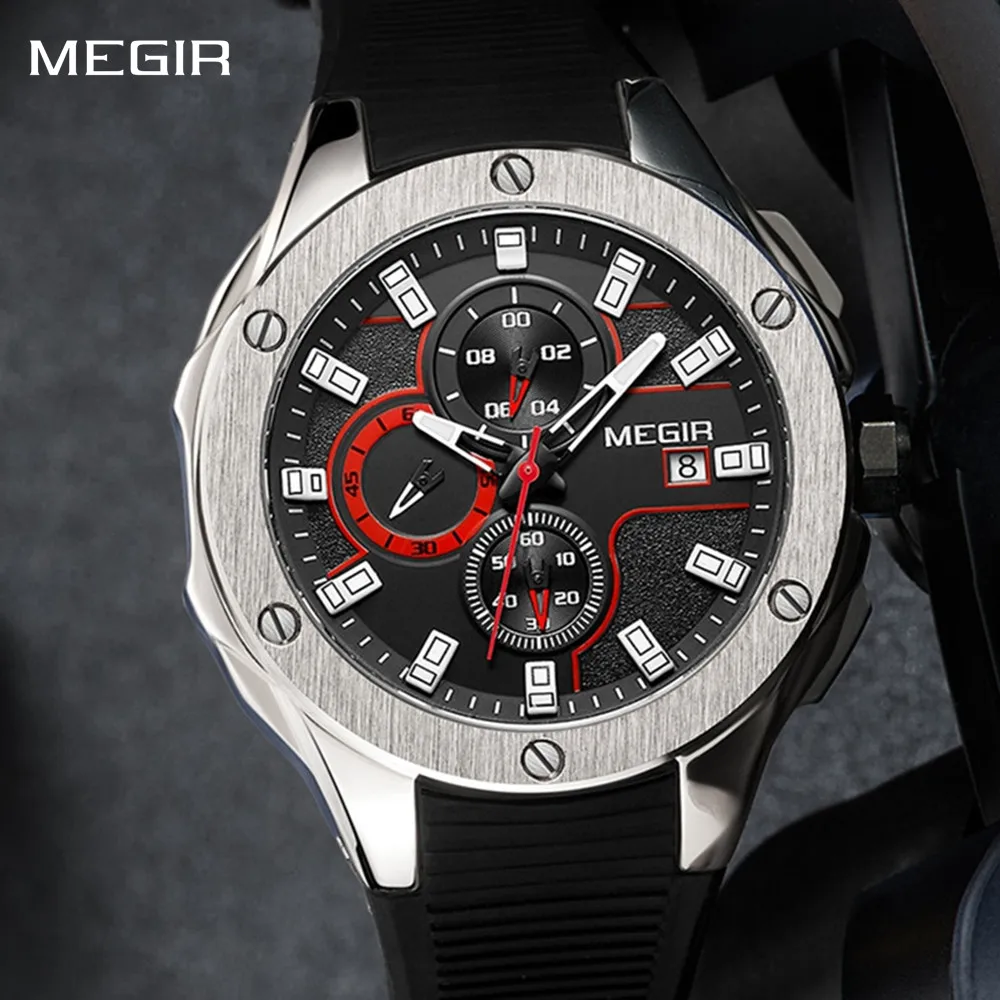MEGIR Luxury Men's Quartz Watch 46MM Dial Sport Military Watches Chronograph Waterproof Date Male Casual Wristwatch Clock Reloj