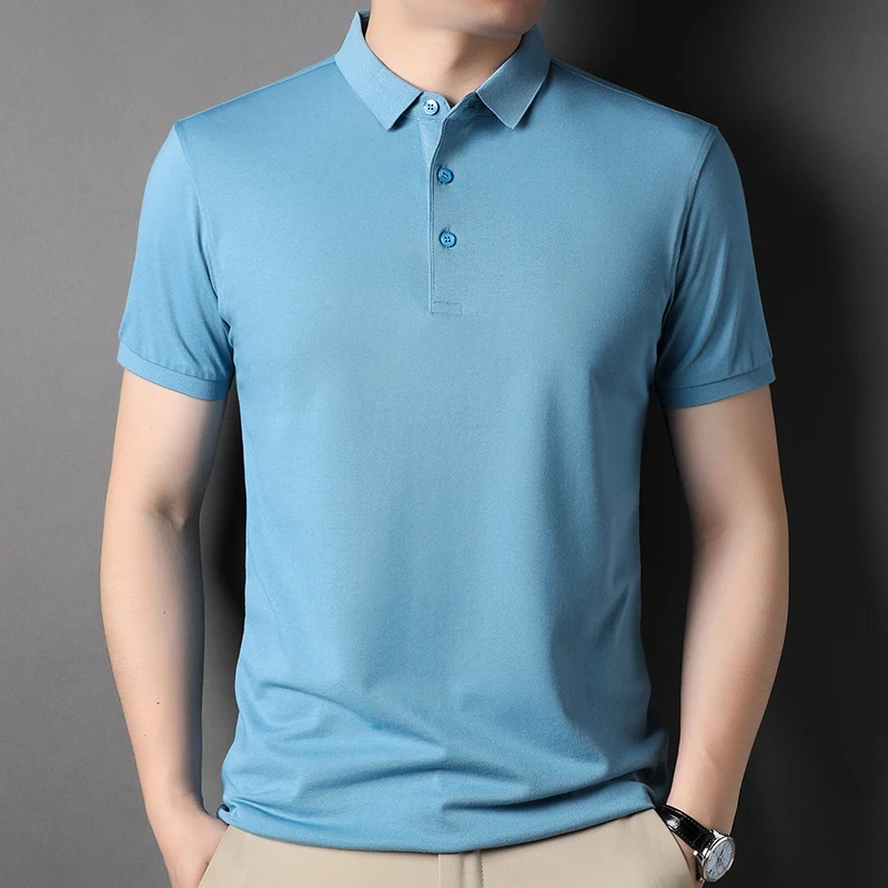 Polo de algodón 50% de gama alta para hombre, camiseta de manga corta informal, Tops de Color sólido, ropa de moda para hombre 2023