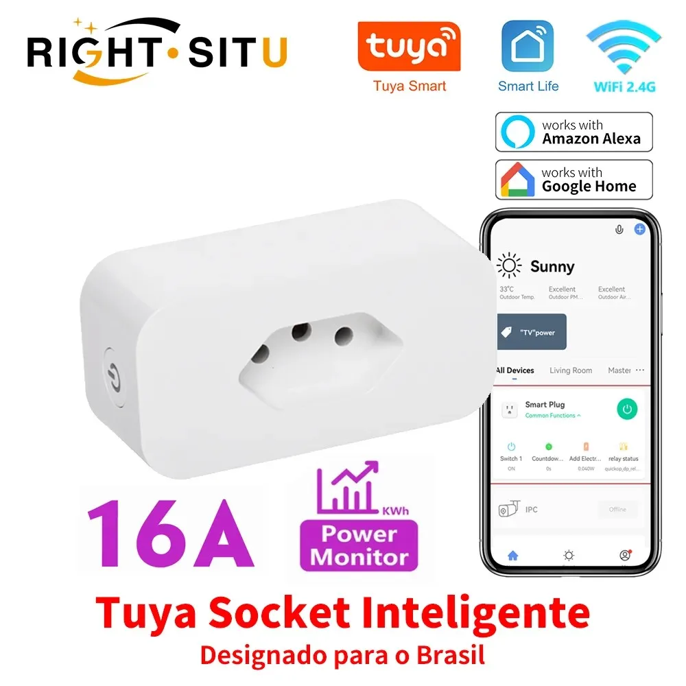 Tuya-Plugue Inteligente EWeLink com Monitor de Energia, 16A, WiFi Padrão Brasil, Aplicativo Smart Life, Soquete Inteligente, Trabalho de Voz, Google Home, Alexa