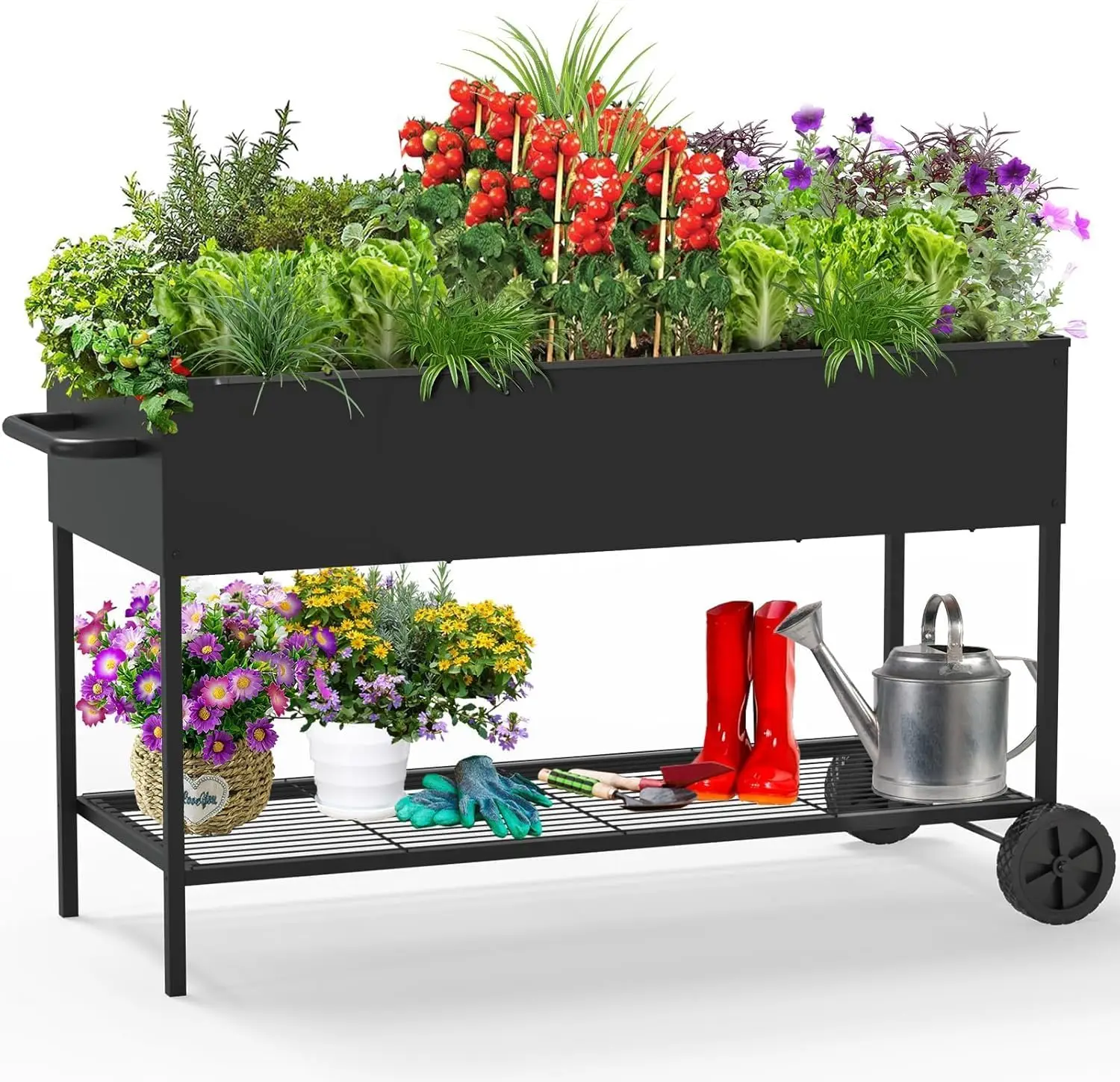 51x26x31.5 Inch Raised Garden Bed with Wheels & Storage Shelf, Mobile Planter Box for Outdoor Plants, Elevated Garden Bed for Backyard, Balcony, Black