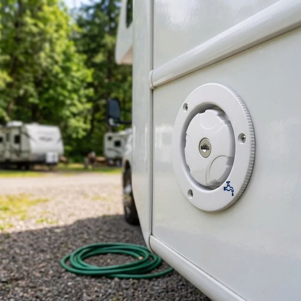 RV Freshwater Inlet with Mechanical Locking System and Sealing Ring Optimized for Outdoor and Travel Environments