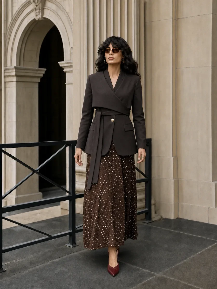 RU Women Wrap Cross Blazer Belted Waist Single Button Long Sleeve Suit Jacket