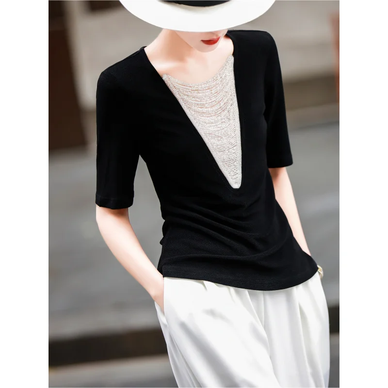 

MEXCOCO 2026 Spring Summer French Beaded V Neck Pullover T-shirt Slim Short Sleeve Acetic Acid Top