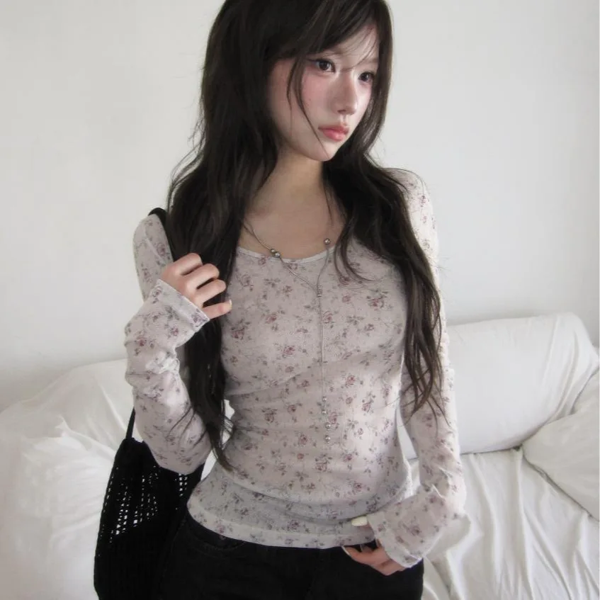 Chic Korean Floral Print Thin Long Sleeve Women's Top Slim Fit round Neck Semi-Transparent Base Shirt Atmosphere Feeling T-shirt