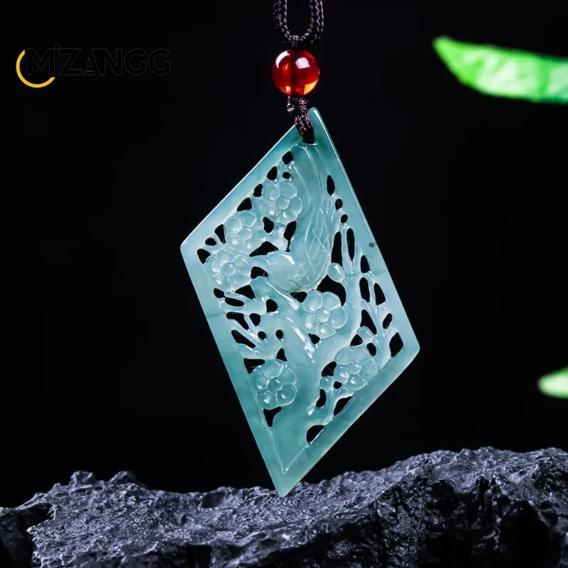 Natural Jadeite Blue Water Joy on The Brow Pendant Exquisite Double-Sided Openwork Jade Necklace for Ladies Perfect Holiday Gift