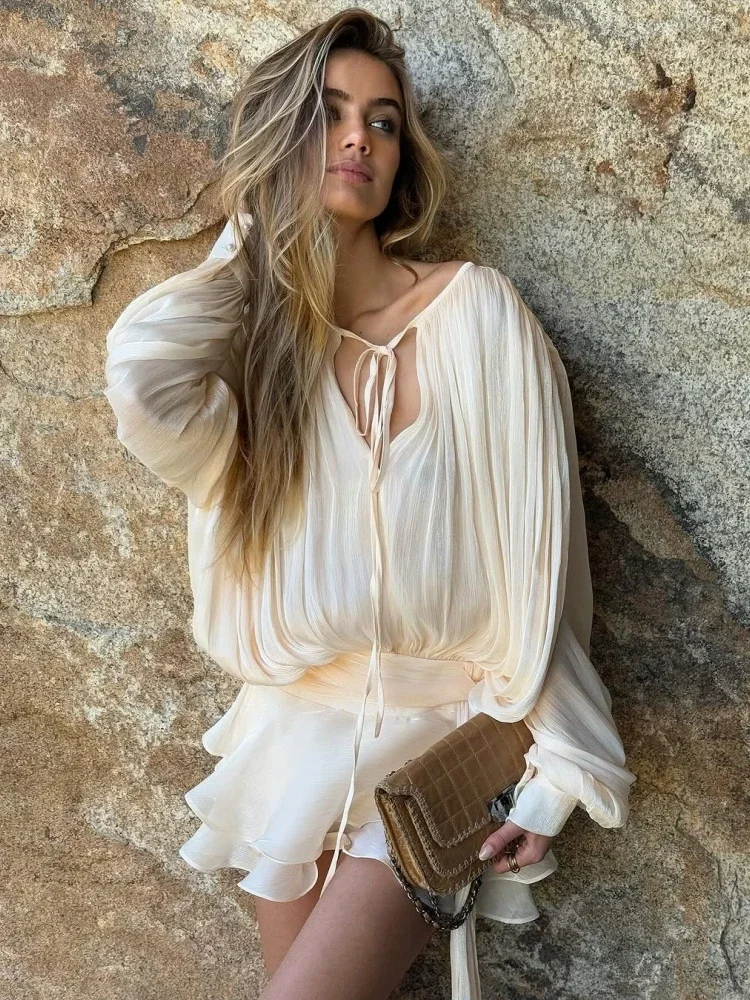 

Women O Neck Lace-up Dress Two Piece Set Sexy Ruffles Folds Draped A-line Dress + Shorts Suits Elegant Evening Cocktail Clubwear