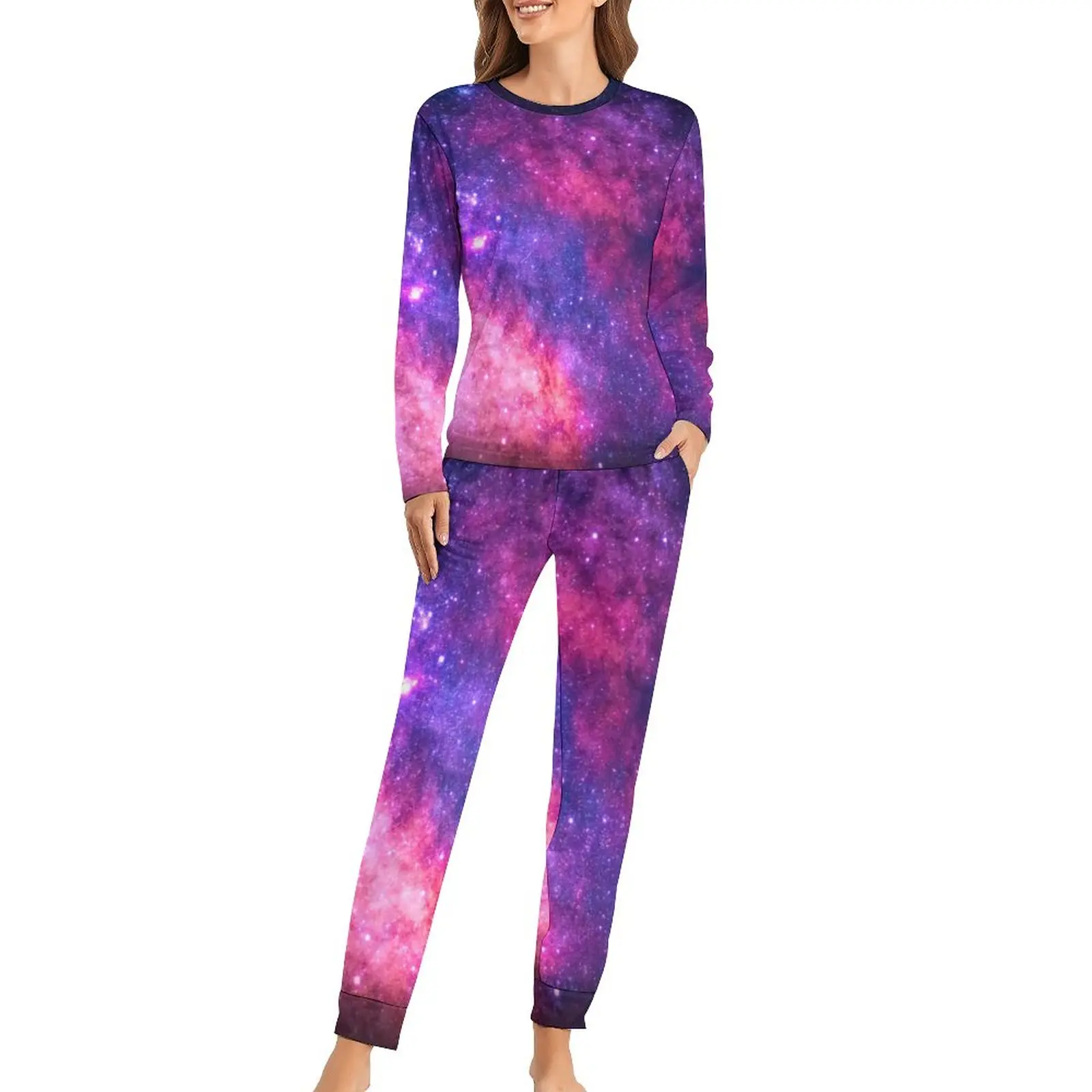 Colorful Galaxy Sky Pajamas Pink Purple Stars Kawaii Pajama Sets Womens Long Sleeves Casual Home Suit