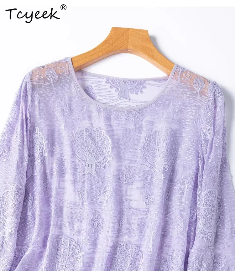 

Tcyeek 100% Real Mulberry Silk Blouse Elegant Blouses for Women Summer Clothes Loose Fit Sunscreen Pullover Ladies Tops Blusas