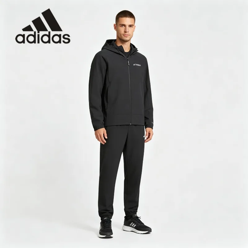 Black Adidas Woven Athletic Outfit Water Repellent Zip Hood Coat Elastic Cuff Jogging Pants Daily Sport One Set JE8282 + KA8350