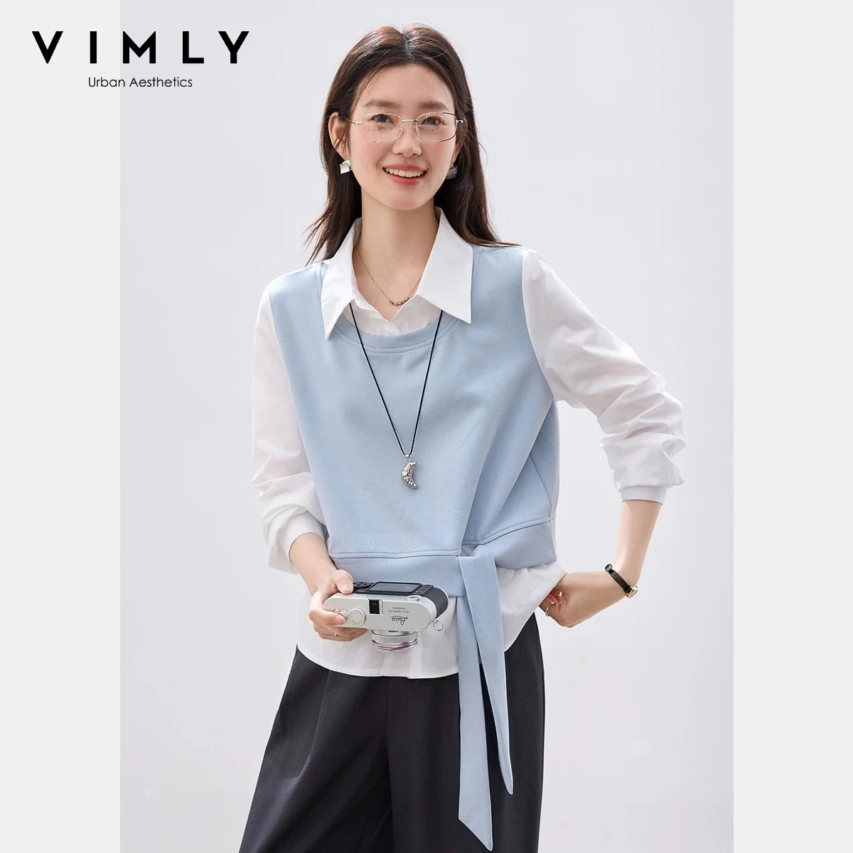

VIMLY Women's Faux Two-Piece Pullover 2026 Spring New Fashion Color Block Tie Waist Knitted Shirt Crew Neck Casual Tops 30790